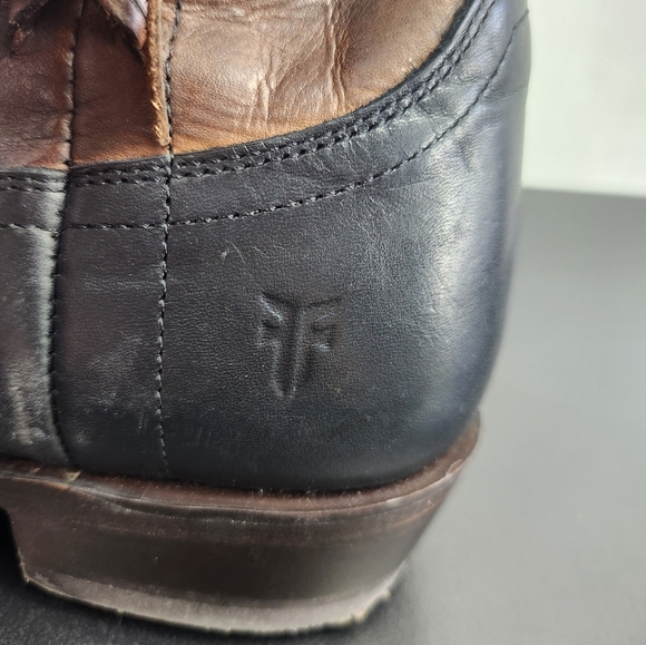 Frye Billy Cross Stitch Short Cowboy Western Heeled Booties Black/Brown 7 1/2 B - Picture 10 of 16